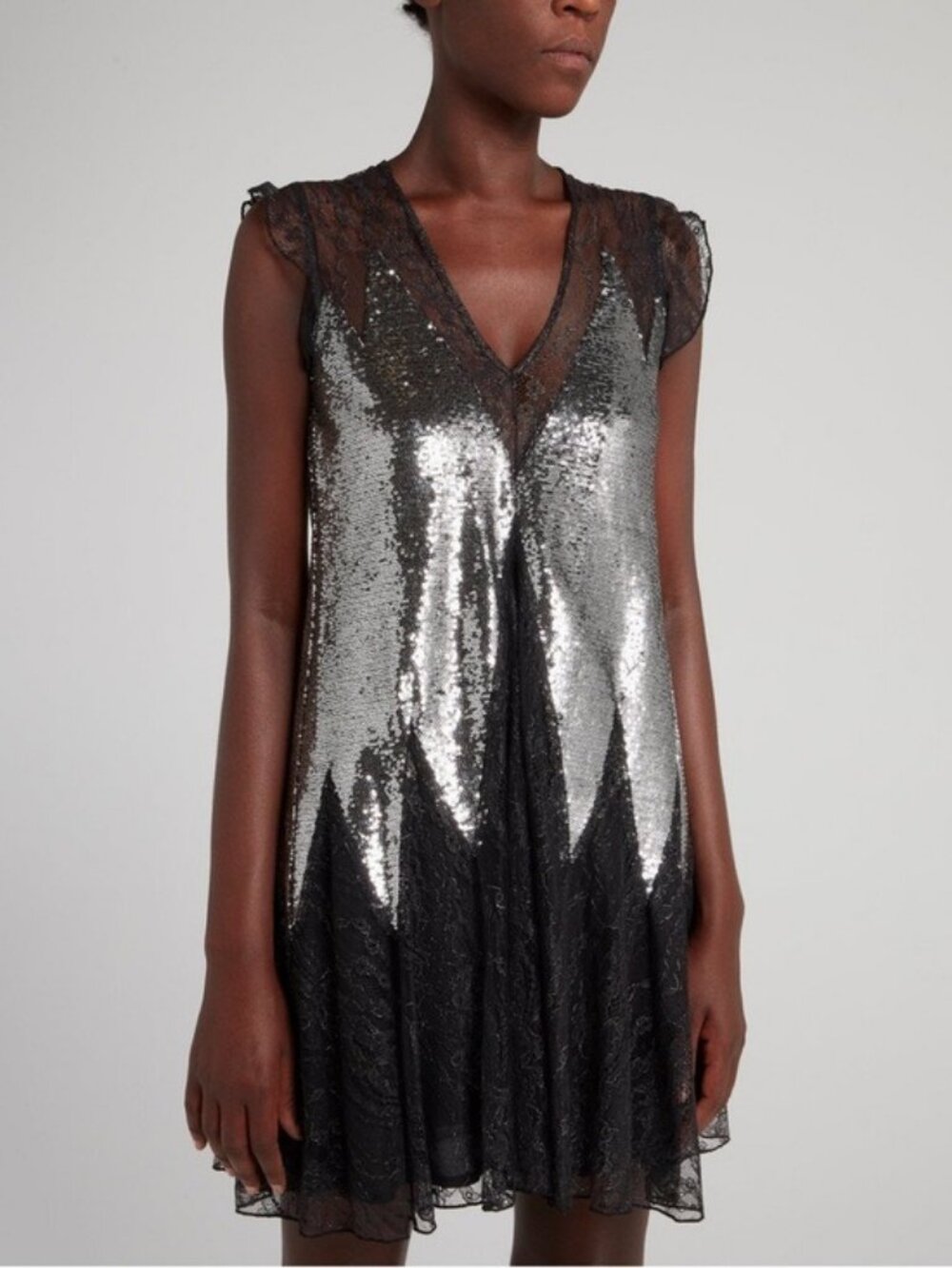 Just Cavalli Silver Sequin & Black Lace V-Neck Mini Dress sz 40